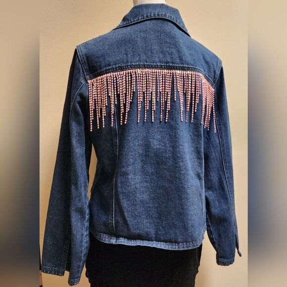 Upcycled Custom Jean Jacket Size 10 With Pink Rhinestone Fringe - Picture 3 of 8